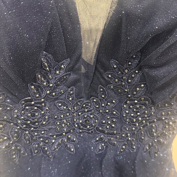 Pear Culture Navy Blue Beaded Tulle Mini Dress Size 0 with Ruffled Skirt & Adjus - Picture 8 of 8
